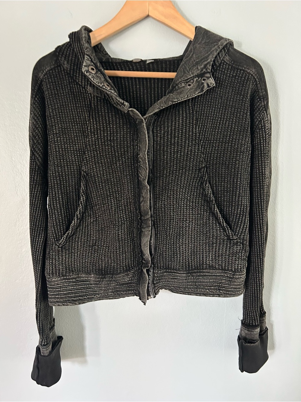 Free people • waffle knit Black Hooded Zip Sweater